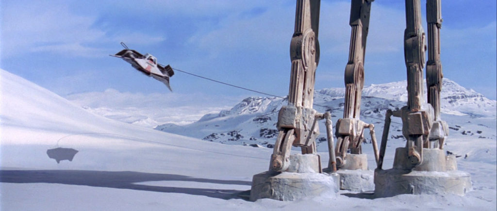 Star Wars: The Empire Strikes Back. Plot summary and story structure. Luke uses a tow cable from his ship to bind the legs of an AT-AT.