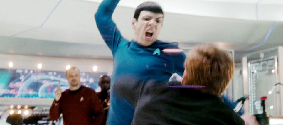Star Trek. Plot summary and story structure. Spock attacks Kirk on the bridge of the Enterprise.