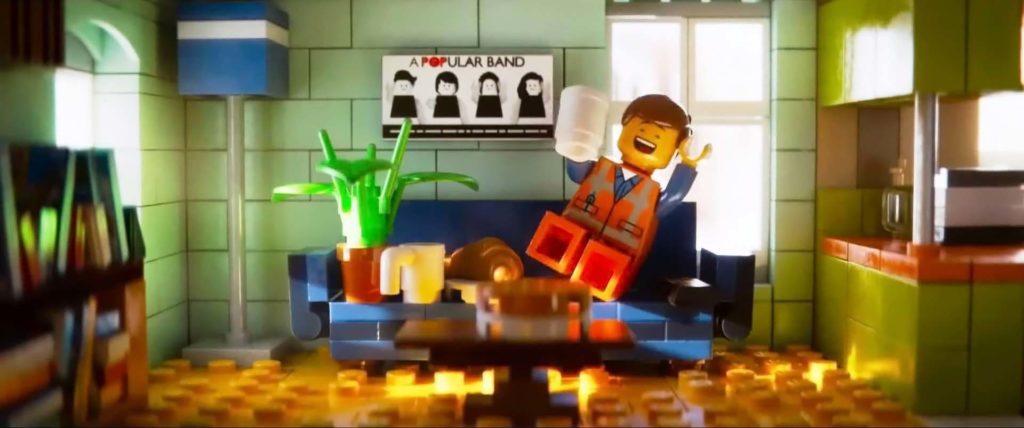 The Lego Movie. Plot summary and story structure. Emmet excitedly sit on his couch with his only friend the plant.