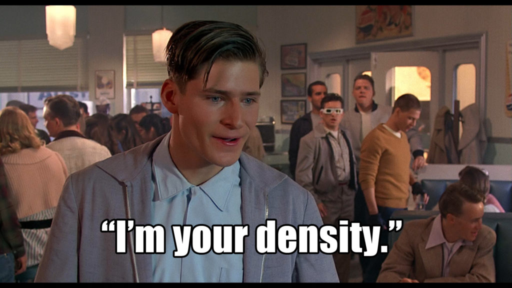 Back to the Future. Plot summary and story structure. George McFly tells Lorraine he's her density.