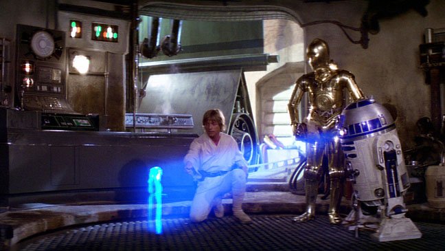Star Wars: A New Hope. Plot summary and story structure. R2D2 plays Leia's message to Luke a C3PO looks on.