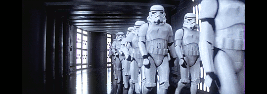 Star Wars: A New Hope. Plot summary and story structure. A line of storm troopers march through the death star.