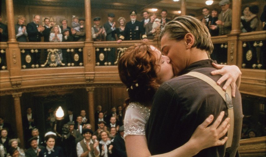 Titanic. Plot summary and story structure. Rose and Jack kiss aboard the Titanic while all the other passengers look on.
