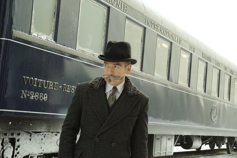 Murder on the Orient Express. Plot summary and story structure. Hercule Poirot poses in front of the Orient Express.